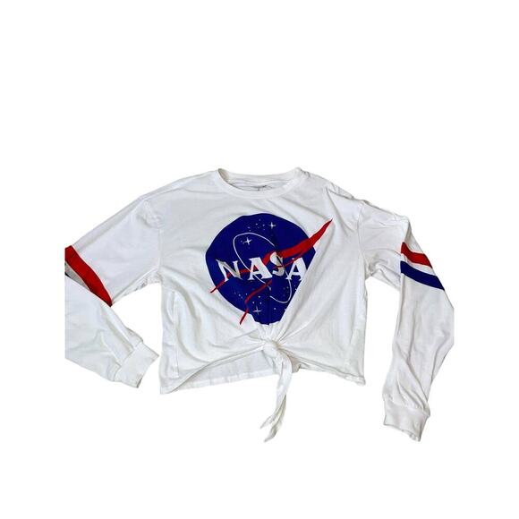 Buzz Aldrin NASA Cropped Shirt Women's Long Sleeve White SZ XL front tie USA - Picture 2 of 7
